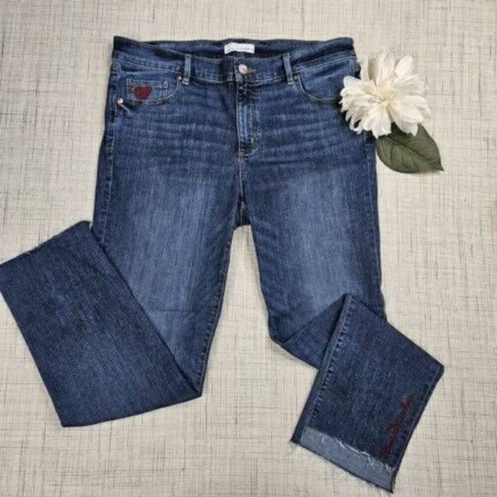 LOFT Womens Modern Straight Blue Crop Heartbreaker Embrodered Denim Jeans 31